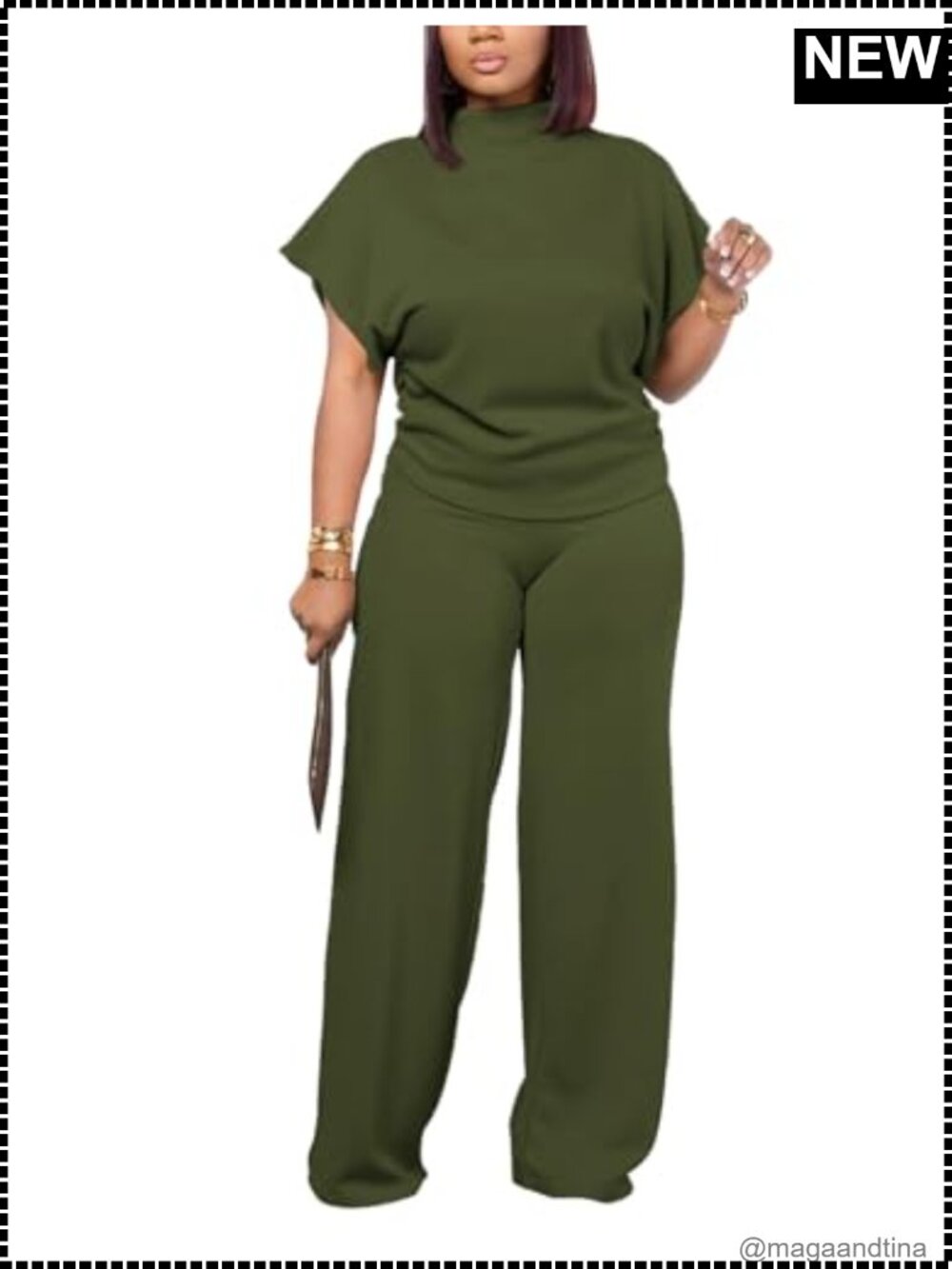 Women's Casual 2 Piece Lounge Set Wide Leg Pants Mock Neck Top Polyester